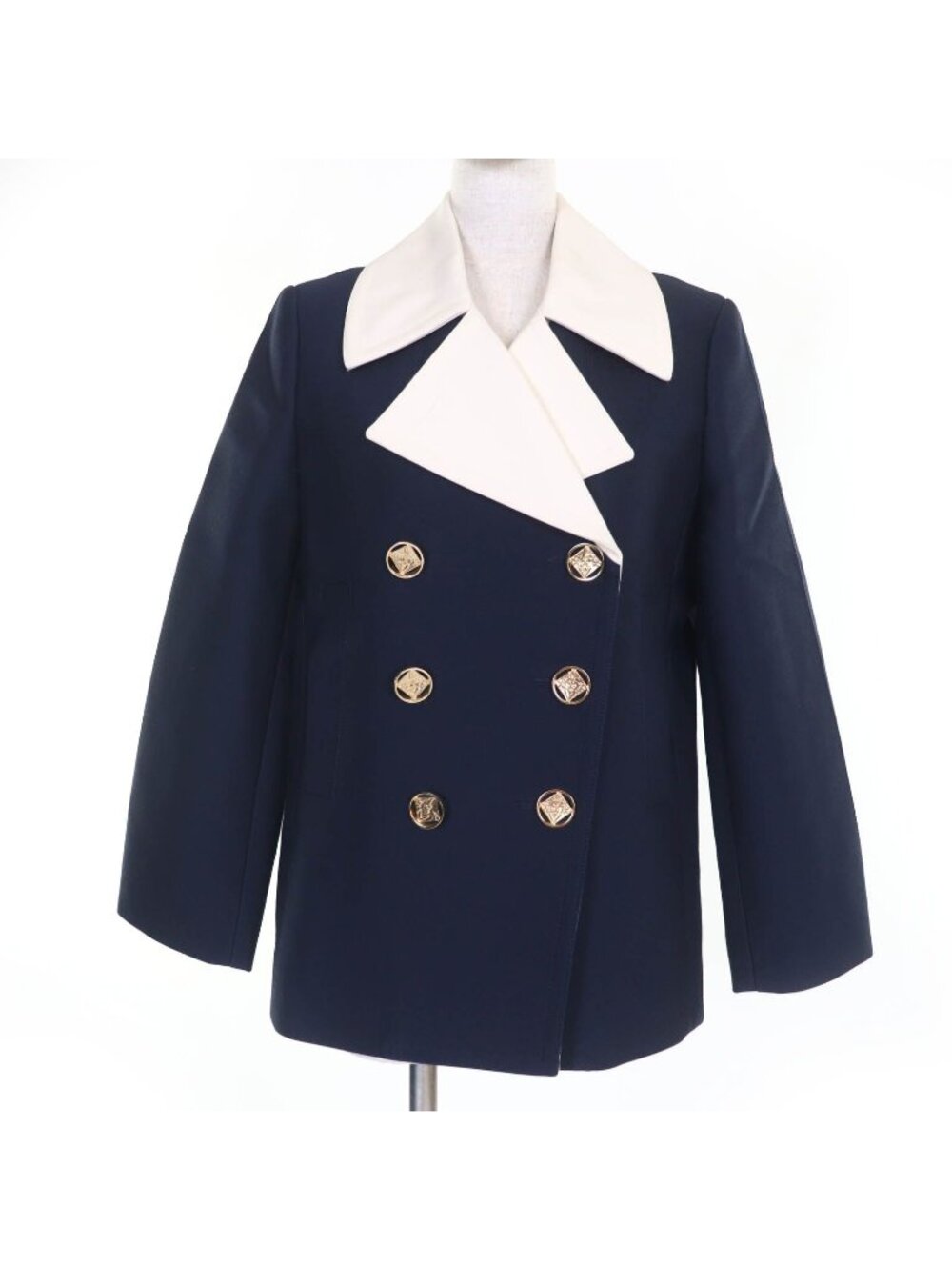 Louis Vuitton Silk Blend LV Logo Gold Button Double Breasted Jacket Navy 36